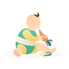 adorable baby playing with dolls. babies playing their soft toys. playful infant, kid, or children. flat vector illustration