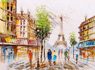 Fototapety  Obraz olejny - Widok ulicy w Paryżu