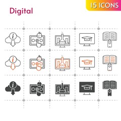 digital icon set. included chemistry, ebook, test, information, student-desktop, test (1) icons on white background. linear, bicolor, filled styles.