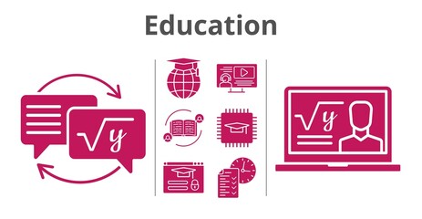 education set. included feedback, chip, professor, instructor, test, homework, school, login icons. filled styles.