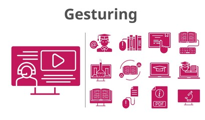 gesturing set. included chemistry, student, homework, touchscreen, training, click, microscope, feedback, pdf, books, student-laptop, ebook, instructor icons. filled styles.