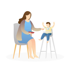 cute mom feeding the baby. healthy baby, newborn, happy family, and happy motherhood. flat vector illustration