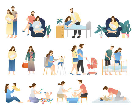 bundle of family activities. performing daily activities, caring with man for infant newborn baby, healthy baby, newborn, maternity scenes, happy family, and happy motherhood. flat vector illustration