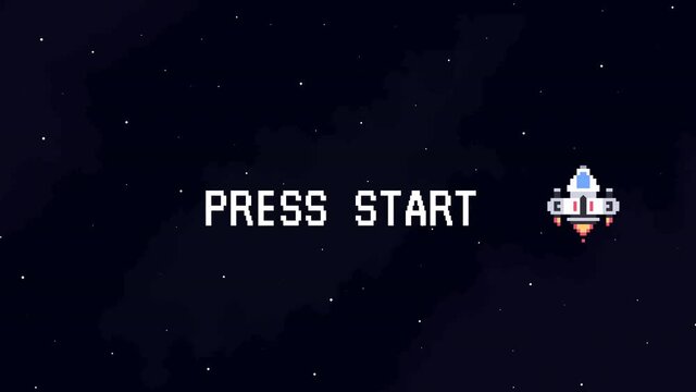Retro Space Arcade. Video Game Animation Concept. Pixel Art. Start Game Screen. Cartoon Motion Design. 4K video.