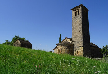 Fototapeta na wymiar View of the Mozarab Pre-Romanesque or Romanesque Church of San Pedro de Larrede in the Serrablo Region. 10th-11th century. Aragon. Spain. 