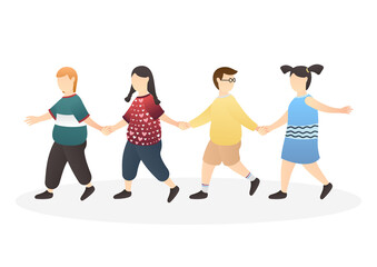 Fototapeta premium kids holding hand each other. happy and creative kids, playful kids, montessori concept. flat vector illustration