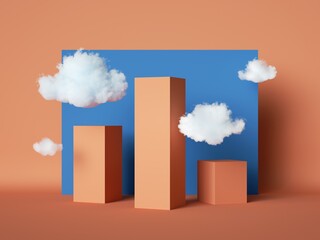 3d render, abstract geometric city, simple cartoon cityscape with red skyscrapers and white clouds over the blue sky, paper craft scene. Statistics chart concept