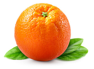 Orange fruit isolate. Orange citrus on white background. Whole one orange fruit with leaves. Clipping path. Full depth of field.