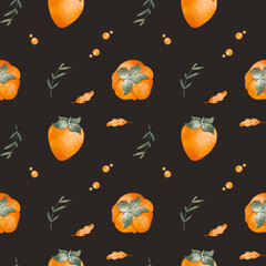 Cute kawaii seamless square pattern with persimmon fruits. Textured digital art on a black background. Print for wrapping paper, banner, fabric, textile, kitchen, postcard, invitation, advertisement.