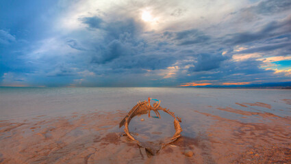 Sunken wooden fisherman boat in the sea at amazing sunset -  Mersin, Turkey