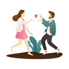 a happy man give love sign to woman. outdoor romantic couple scenes. romantic couple relationship in flat vector illustration.