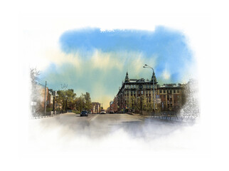 St. Petersburg. Vasilievsky Island. Panorama of St. Petersburg. historical architecture. Russia. Watercolor sketch.