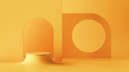 3d render, abstract minimal room architectural background. Empty cylinder podium, arch niche, round stage, showcase stand, vacant pedestal, blank product display platform. Mockup with copy space