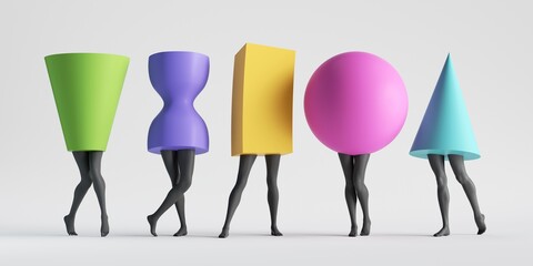 3d render, abstract female body type. Colorful geometric shapes with black legs isolated on white background. Minimal modern fashion clip art