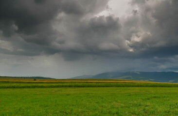 Fototapeta na wymiar Dramatic stormclouds over green meadow at sunset in the Carpathian mountains, Romania.