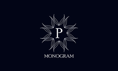 Creative monogram design with letter P on a black background. Sample logo for antiques, restaurant, cafe, boutique, hotel, heraldry and jewelry.