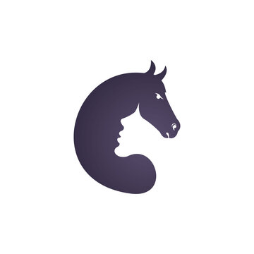 Women in horse vector logo design. Horse care or horse training logo concept.