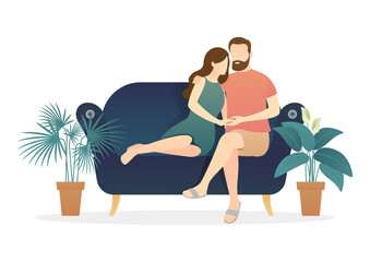 Obraz na płótnie Canvas adorable couple lying on sofa. relaxing couple scene. daily life of cute happy couple. romantic couple relationship in flat vector illustration
