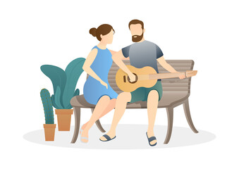 lovely couple sitting on bench and playing guitar. relaxing couple scene. daily life of cute happy couple. romantic couple relationship in flat vector illustration