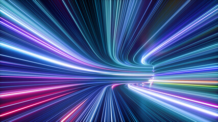 3d render, abstract colorful neon background, tunnel turning to the right, ultra violet rays, glowing lines, cyber network data, speed of light, space and time, highway night lights - obrazy, fototapety, plakaty