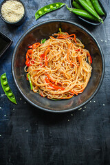 rice noodles with vegetables cellophane pasta food background top view copy space for text organic eating healthy