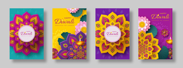 Fototapeta na wymiar Diwali, festival of lights holiday cards with paper cut style of Indian Rangoli, diya - oil lamp and lotus flowers. Bright color background. Vector illustration.