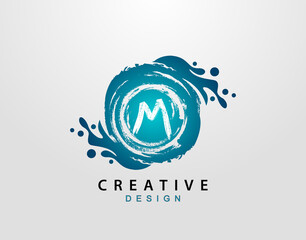 M Logo With Blue Splash Element. Blue Wave logo design template.