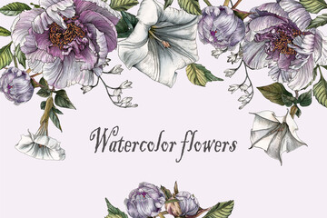 Floral greeting card with violet peonies and datura flower