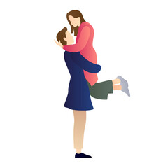 a happy man carrying and embracing woman. couple cartoon characters. romantic couple relationship in flat vector illustration.
