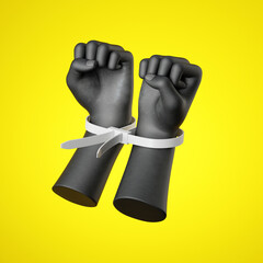 3d render, black human hands fists tied with plastic zip ties, isolated on yellow background. Criminal arrested. © NeoLeo