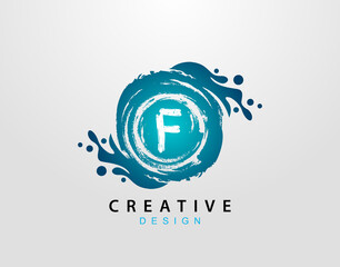 F Logo With Blue Splash Element. Blue Wave logo design template.