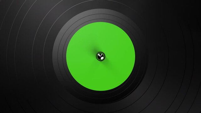 Black vinyl record on a turntable. A black vinyl background with a green sticker in the center, rotating in a circle. DJ, Disco Trends 60s, - 90s. Looped 3d animation