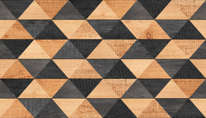 Black and brown seamless parquet floor with geometric pattern. Natural wood texture background. Wall decor with wooden tiles.