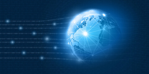 Abstract Blue Minimal Style Cloud Computing, Networks, Telecommunications Concept Design with Polygonal Mesh, Glowing Lines of Binary Code and Earth Globe - Vector Illustration