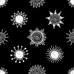 Seamless pattern with hand drawn suns. Black and white design element for fabric, textile, wrapping paper.