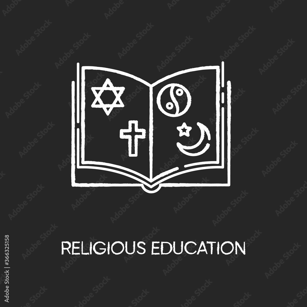 Sticker religious education chalk white icon on black background. book with judaism, christianity, taoism an