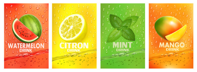 Set of labels with fruit drink. Fresh fruits juice splashing together- watermelon, citron, mint, mango juice drink splashing. Vector.