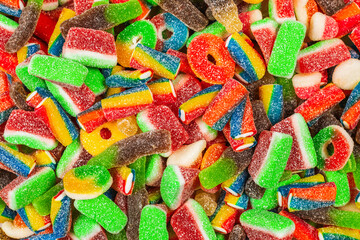 Assorted gummy candies. Top view. Jelly  sweets.