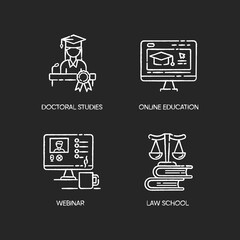 Modern higher education chalk white icons set on black background. Doctoral studies, law school, online training courses and webinars. Diploma obtaining. Isolated vector chalkboard illustrations