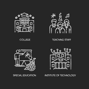 Higher education chalk white icons set on black background. Institute of technology, college. Professional teaching staff and special learning conditions. Isolated vector chalkboard illustrations