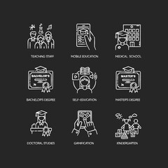 Modern education chalk white icons set on black background. E learning, professional teachers and higher education opportunities. Acquiring knowledge. Isolated vector chalkboard illustrations