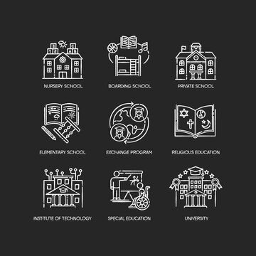 Academic education chalk white icons set on black background. Public and private school services. Inclusive education and student exchange programs. Isolated vector chalkboard illustrations