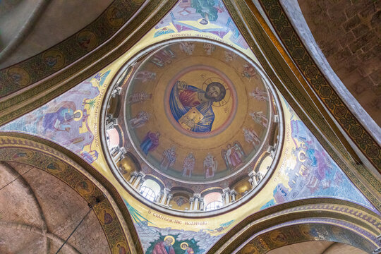 Jerusalem, Israel - Dec 01, 2018: Painted dome in the Greek side-chapel in the Church of the Holy Sepulcher