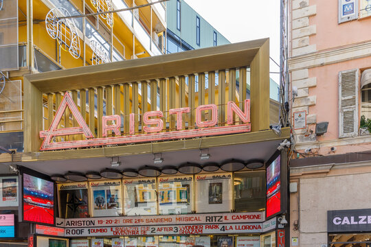 Sanremo, Italy - Apr 18, 2019: Top of facade of the cinema Ariston