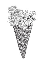 Coloring book page for adult. Ice cream with flowers in wafer cone. Black and white vector illustration. Doodle, hand drawn, zen art, anti stress.