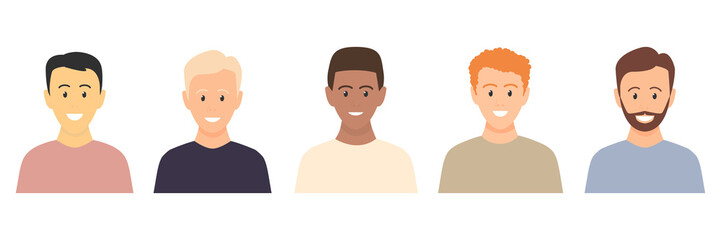 Multicultural happy young men. People various races. Male caucasian, european, african, asian people vector isolated on white. Set of portraits of multiethnic people. Set of avatars of businessmen.