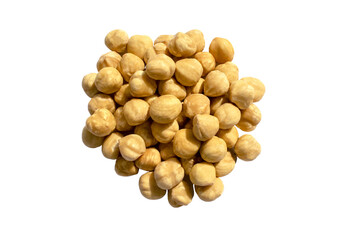 Hazelnut nuts isolated on white background. Healthy snack and food. Top view. Roasted hazelnuts pile.