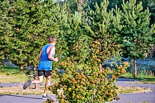 Running sportsman in a park on summer morning.