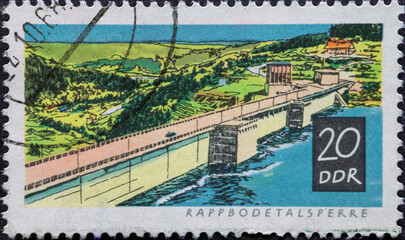 GERMANY, DDR - CIRCA 1968: a postage stamp from Germany, GDR showing a dam text: Rabode dam