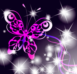 Butterfly on the abstract purple glowing background